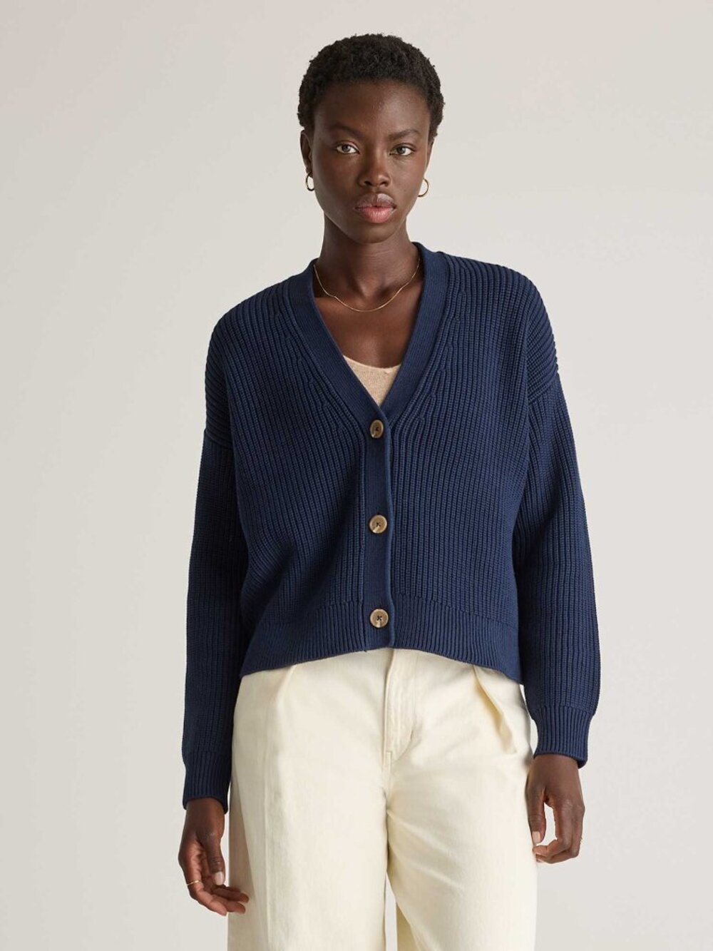 Quince Women's Navy 100% Organic Cotton Fisherman Boxy Cropped Cardigan Sweater